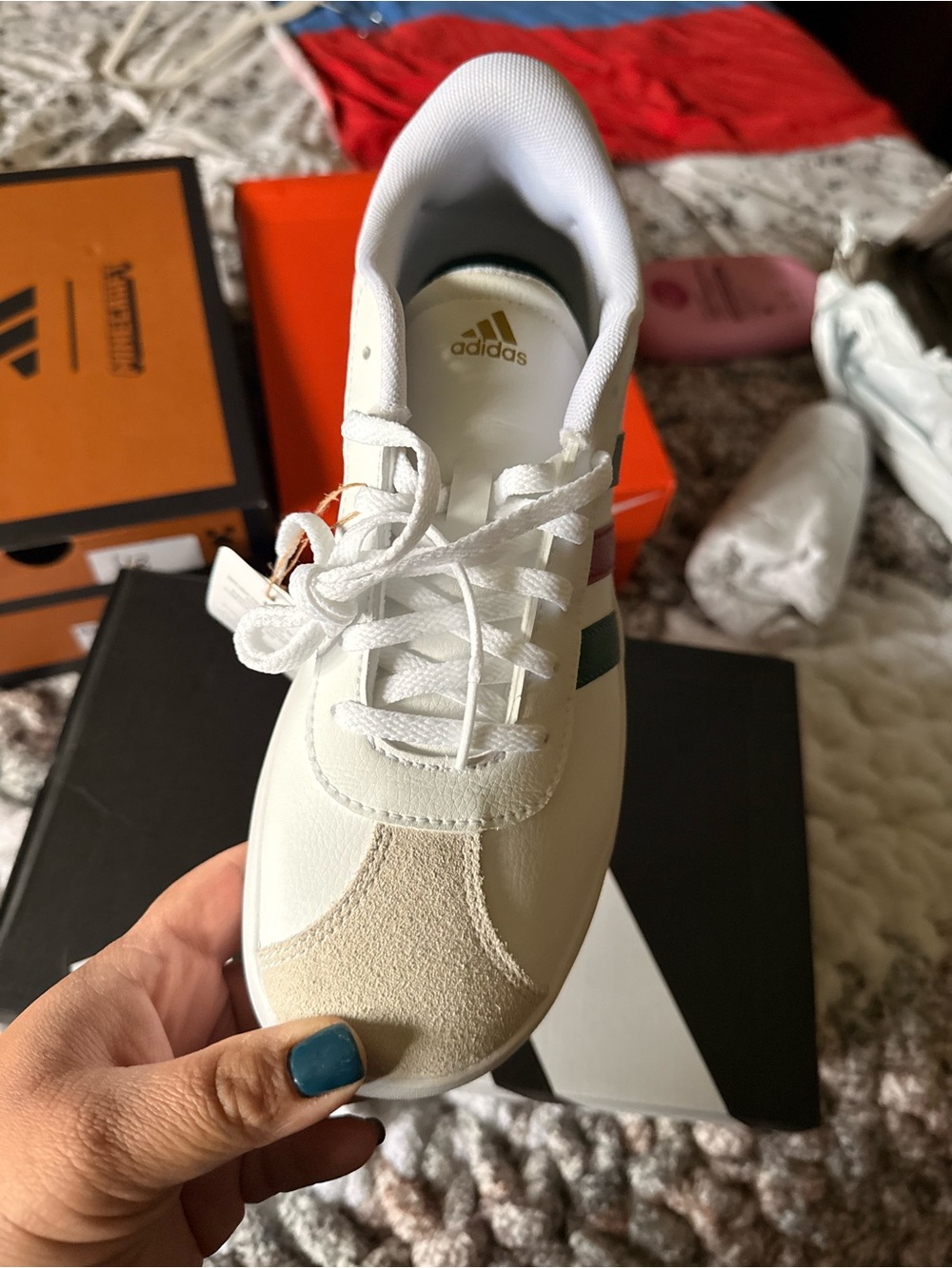 adidas Women’s White Sneaker with Green and Pink Accents